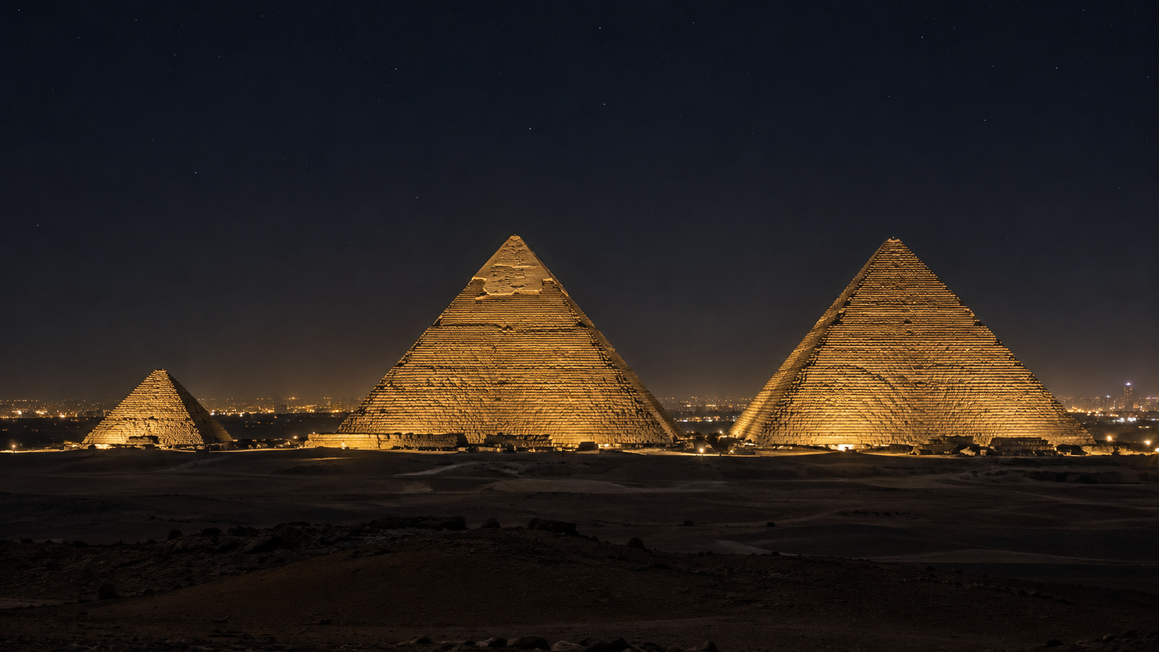 Frontal nighttime view of the three Pyramids of Giza from Shadow Rooftop