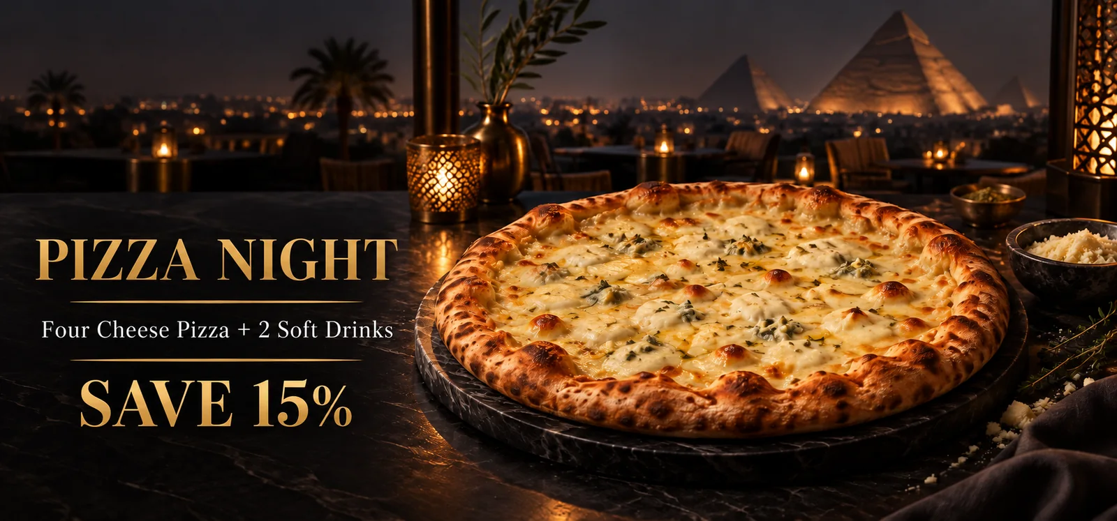Four cheese pizza at Shadow Rooftop